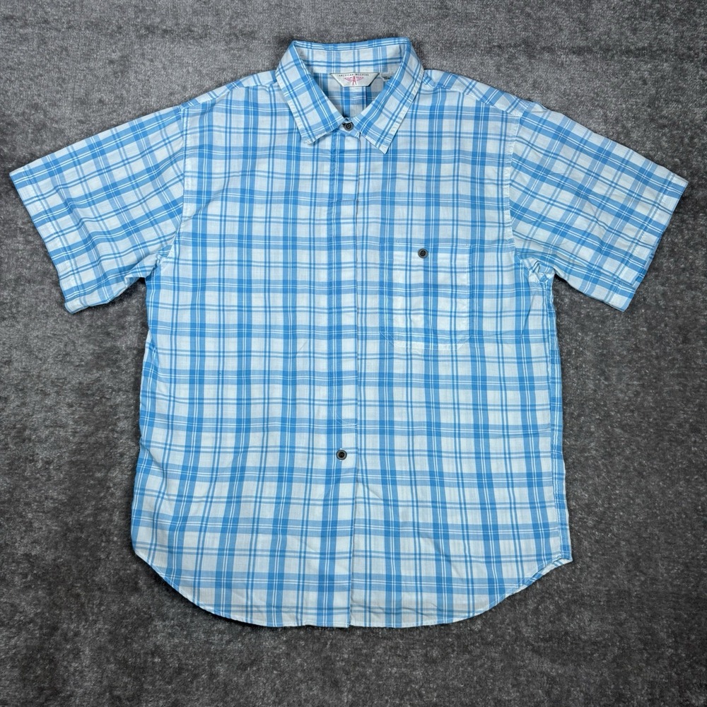 Vintage American Weekend Shirt Men's Medium Blue Plaid Short Sleeve Button‎ Up